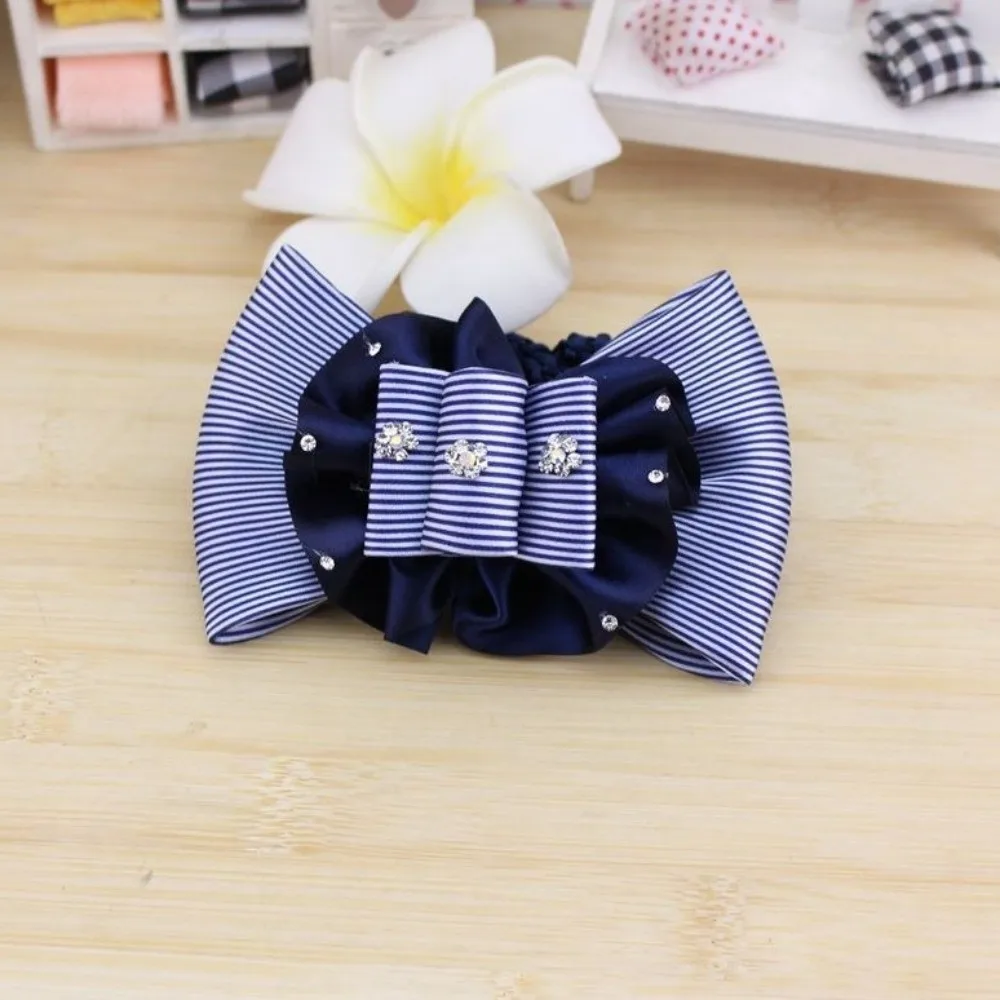 Elegant Bowknot Stripe Hair Cover Floral Lace Rhinestone Crochet Net Bun Snood Headwear Cloth Professional Hairpins