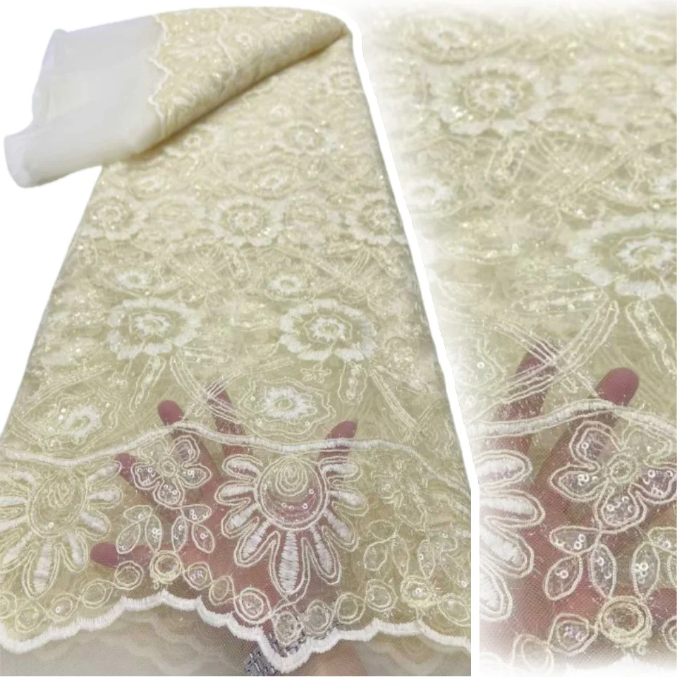 

Yellow African 5 Yards Embroidered Beaded Lace Fabric 2026 Premium Nigerian Sequin Lace Suitable for Women's Party Dresses 2556