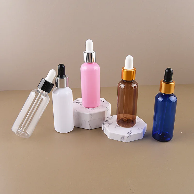 200pcs High Quality Refillable Plastic PET Dropper Bottle For Essential Oil 50ML Gold/Silver Rubber Dropper Bottles Container