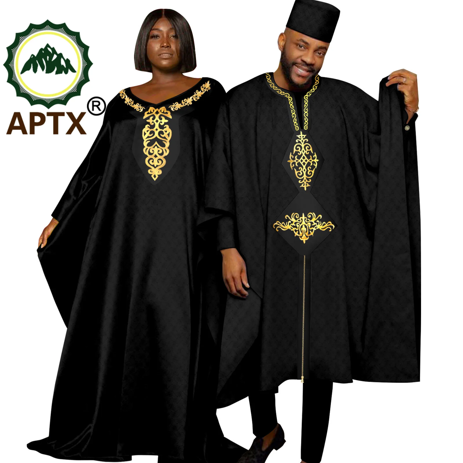 

African Couple Clothes Men Women Robe Shirt Pants Hat Matching Agbada Suit 4 Pieces Set for Wedding Daily Wear T23C001