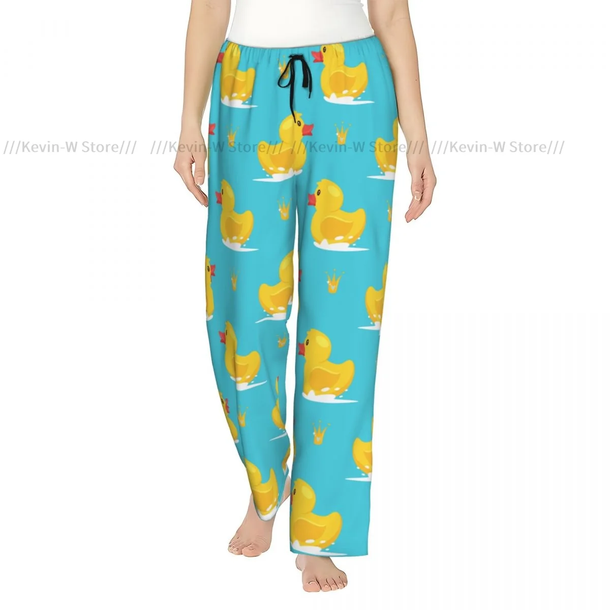 

Women Cozy Flannel Lounge Pants Soft Cartoon Yellow Duck And Golden Crown Sleep Bottoms for Winter Homewear