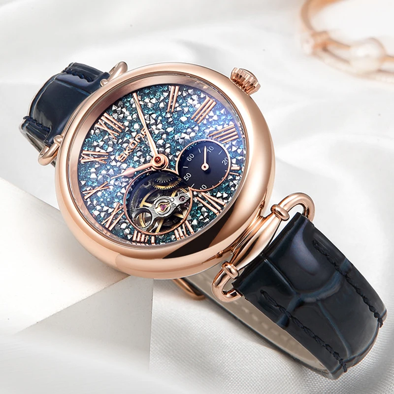 SKONE-ساعة نسائية مجوفة من الكريستال المرصع بالماس المقاوم للماء ، ساعة نسائية ، ساعة ميكانيكية نسائية ، علامة تجارية مشهورة ، أزياء فاخرة