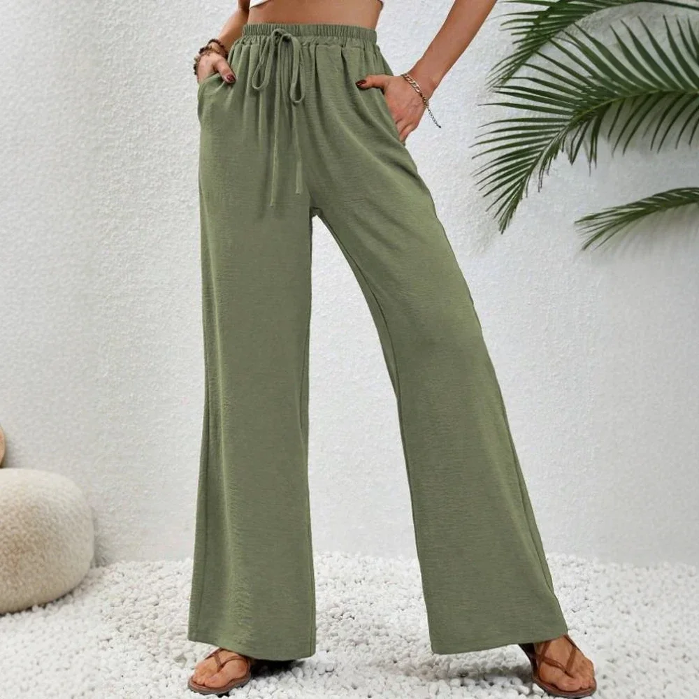 السراويل النسائية الصيف K-Fashion عارضة الدانتيل متابعة كامل طول عالية الخصر مرونة الخصر واسعة الساق السراويل الأساسية اليومية #5