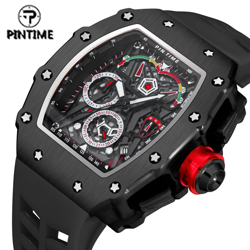 PINTIME Men Luxury Chronograph Hip Hop Watches Military Man Mens Red Wristwatch Clock Male zegarek meski montre