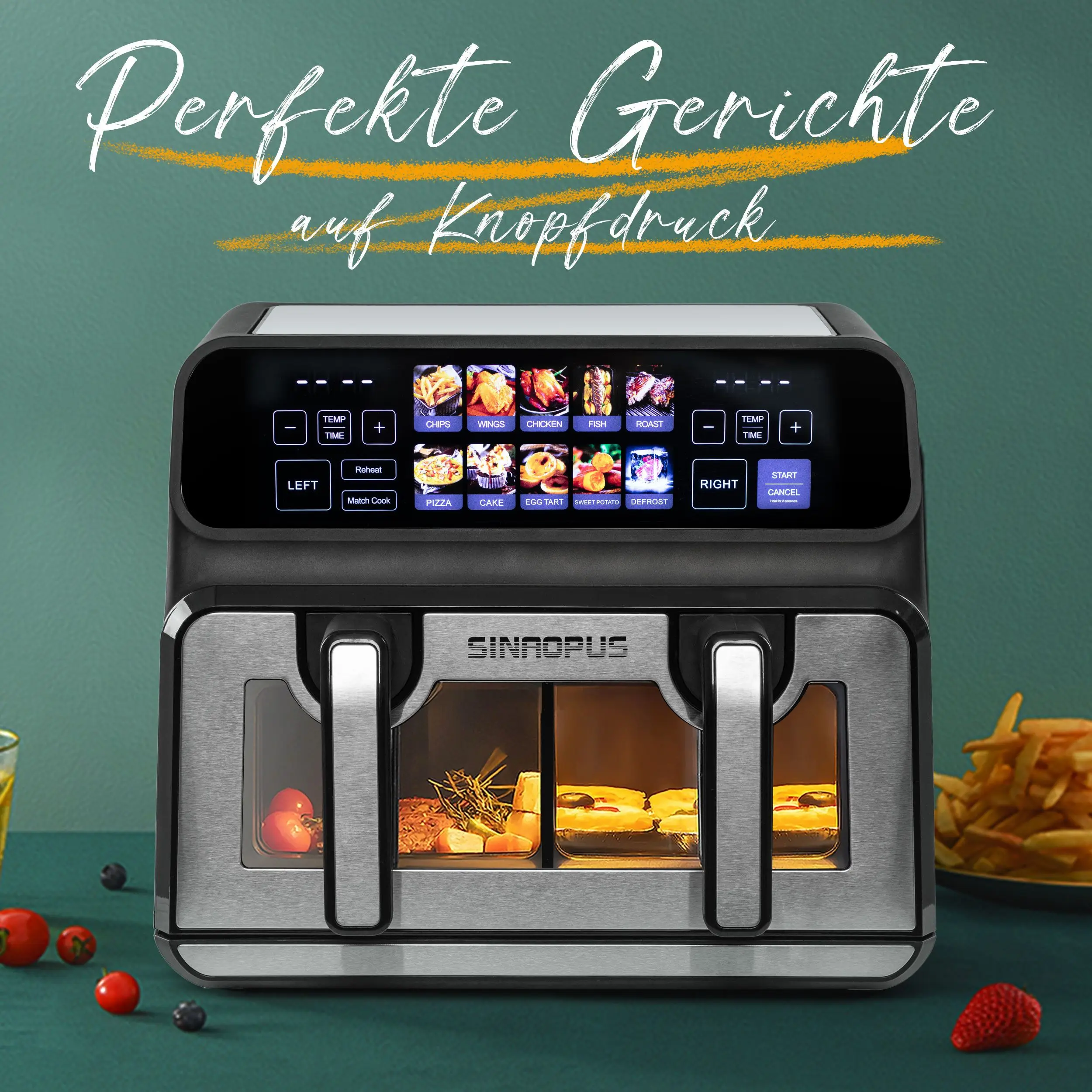 مقلاة هوائية ساخنة 2200 وات سلة مزدوجة 9 لتر XXL مقلاة هوائية متعددة الوظائف مع شاشة LED تعمل باللمس برامج تلقائية قابلة للتوقيت