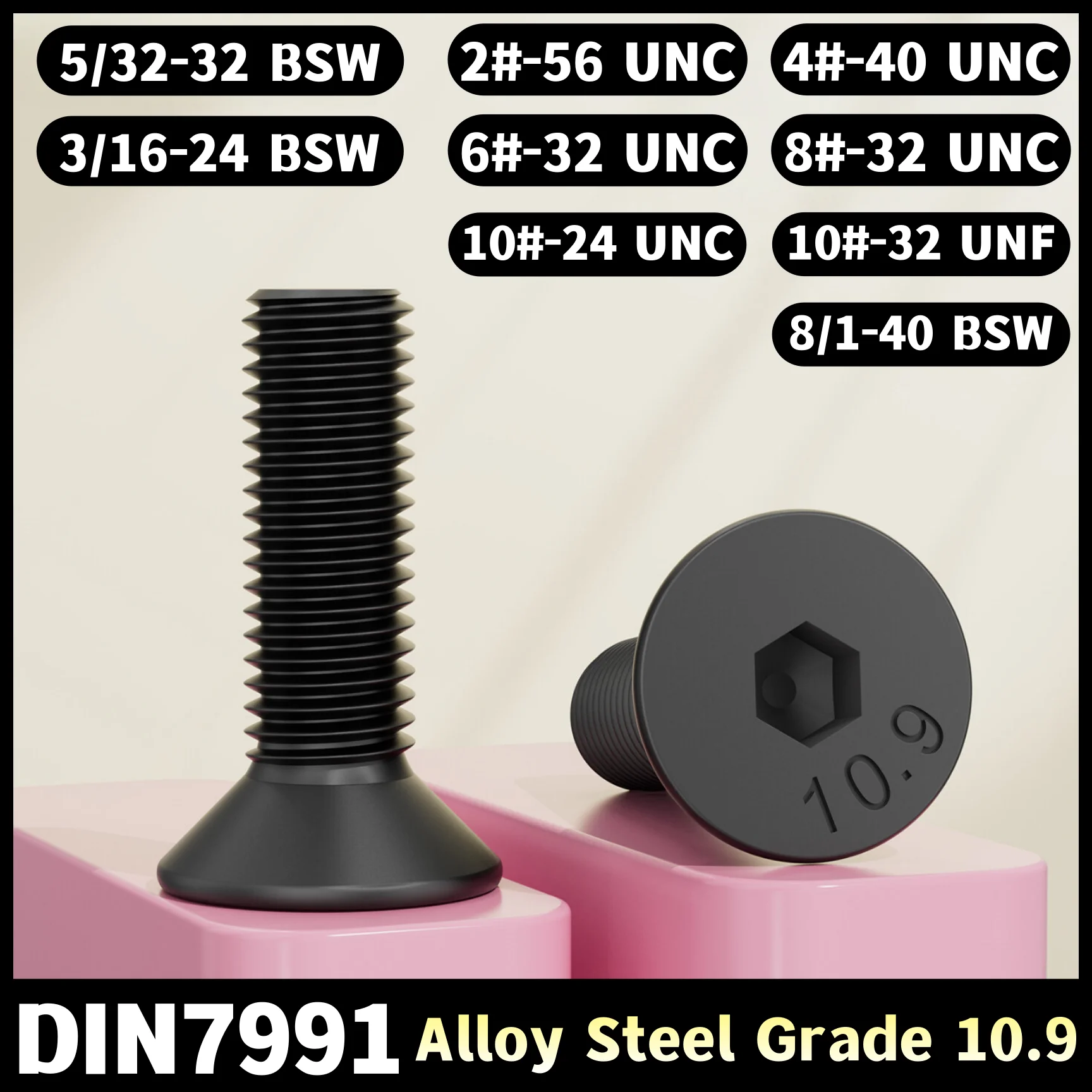 Ruitai Grade 10.9 Flat Key Bolts 2# to10# UNC UNF 1/8'' 5/32'' 3/16'' BSW DIN7991 Alloy Steel Hex Socket Countersunk Head Screws
