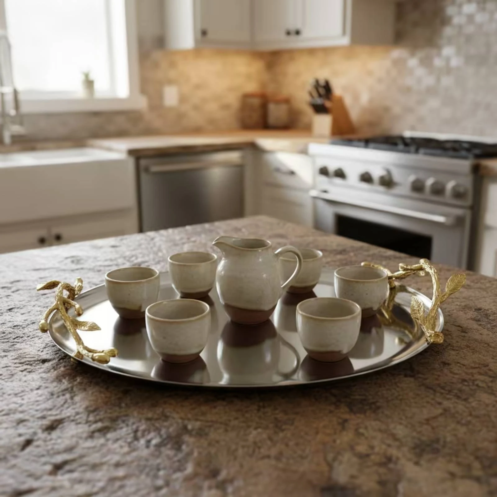 Stainless Steel Tray with Gold Branch Accents Shiny Mirrored Metal Tray Serving Platter Elegant Sleek for Hosts, Tea Service