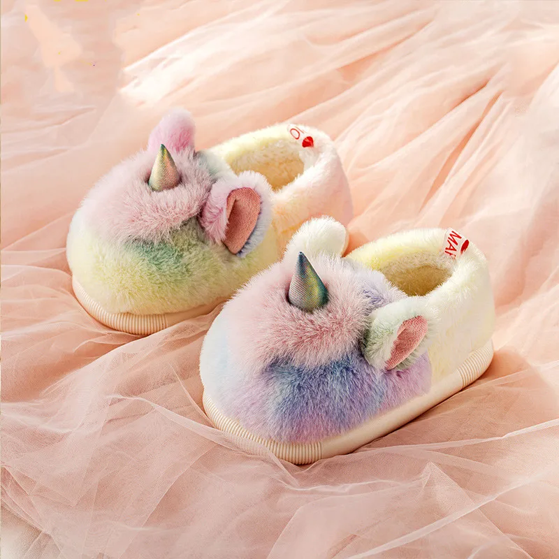 Winter Children's Unicorn Slippers Baby Kids Plush Cotton Shoes Girl Boy Slippers Rainbow Soft Warm Furry Toddler Home Slippers