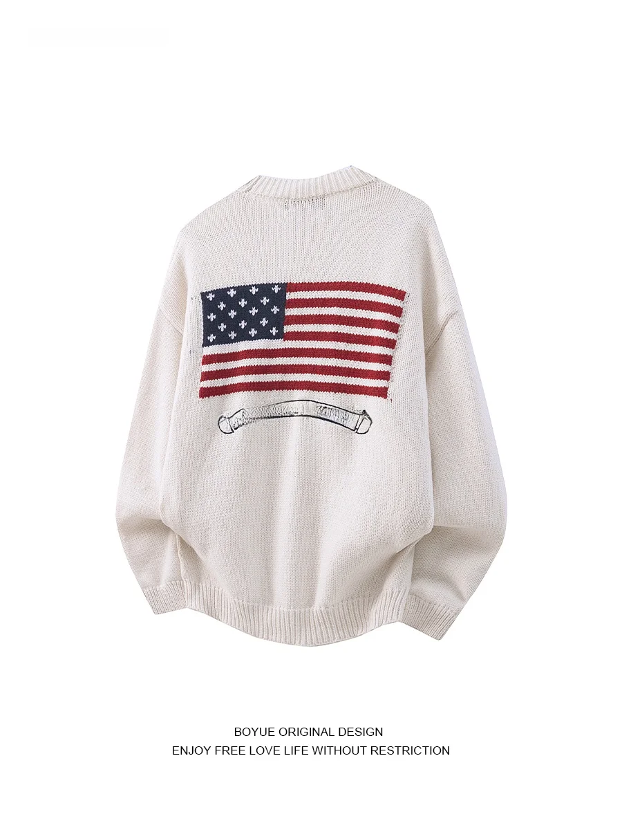 

Вязаный свитер Boyue с вышивкой американского флага, уличный повседневный ретро модный свитер Long Sve round Ne Warmth Youth