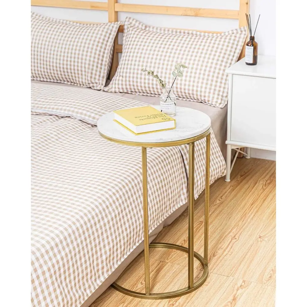 Round C Shaped End Snack Side Table Slide Under Couch with Marble Top or Soa Coee Laptop Living Room Bedroom Small Space, 16