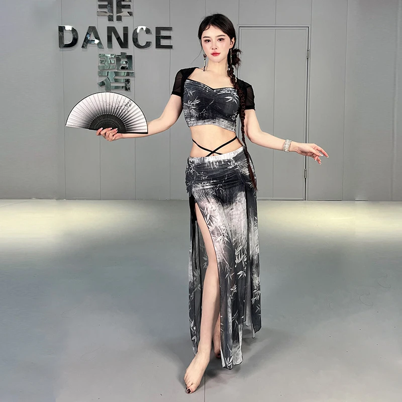 Belly Dance Practice Suit for Women New Oriental Dance Costume Stage Outfit Belly Dance Beginners Sexy Long Skirt Set Ink Style