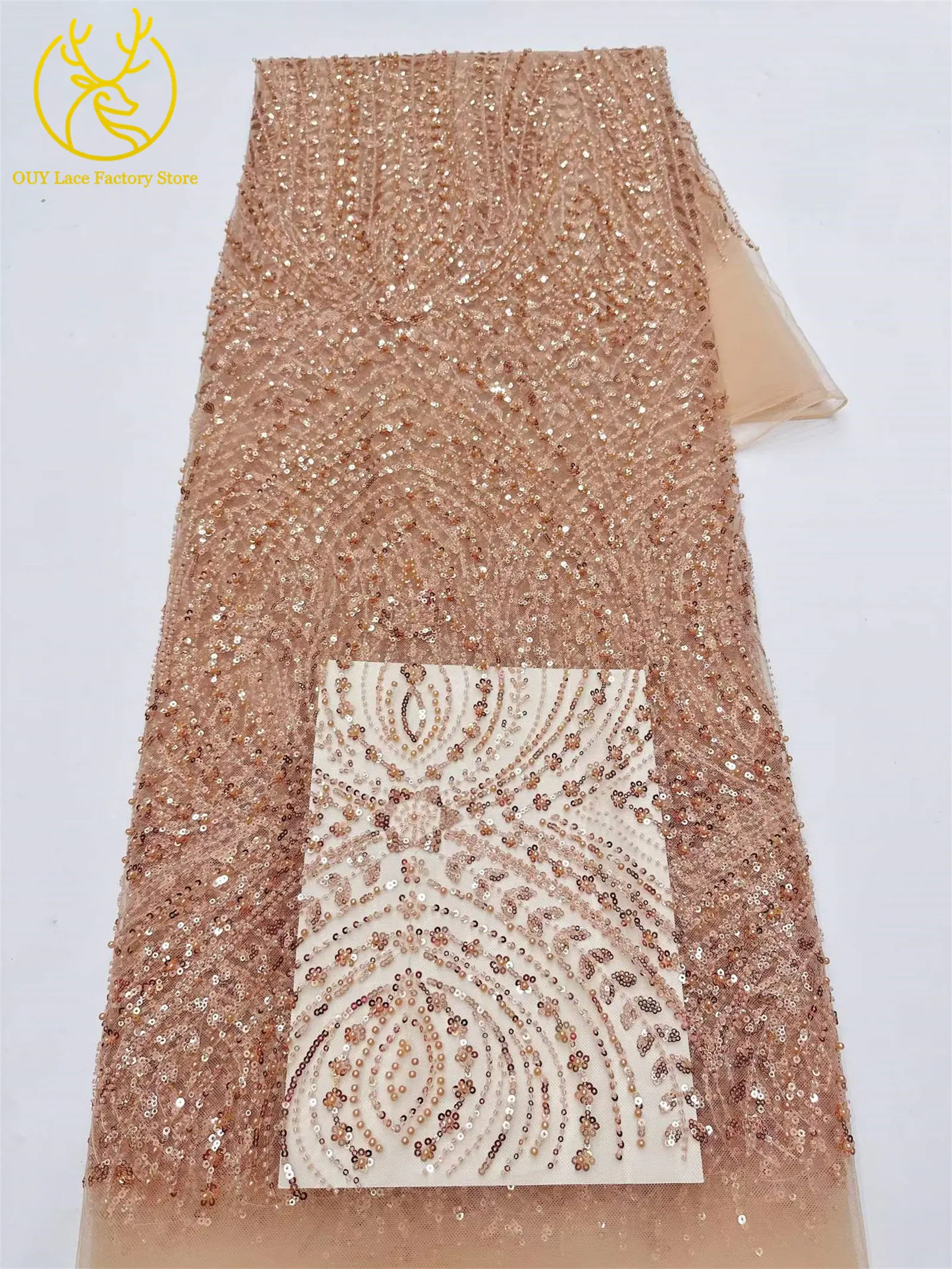 5 Yards afrikanischer Perlen-Pailletten-Spitzenstoff 2026 Hochwertiger nigerianischer französischer Tüll-Mesh-Spitzenstoff für Hochzeitskleider zum Nähen – Detail 4