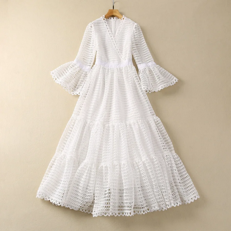 

European and American women's clothes 2024 spring new V-neck Horn sleeve nine-minute sleeve white hollow Fashion pleated dress