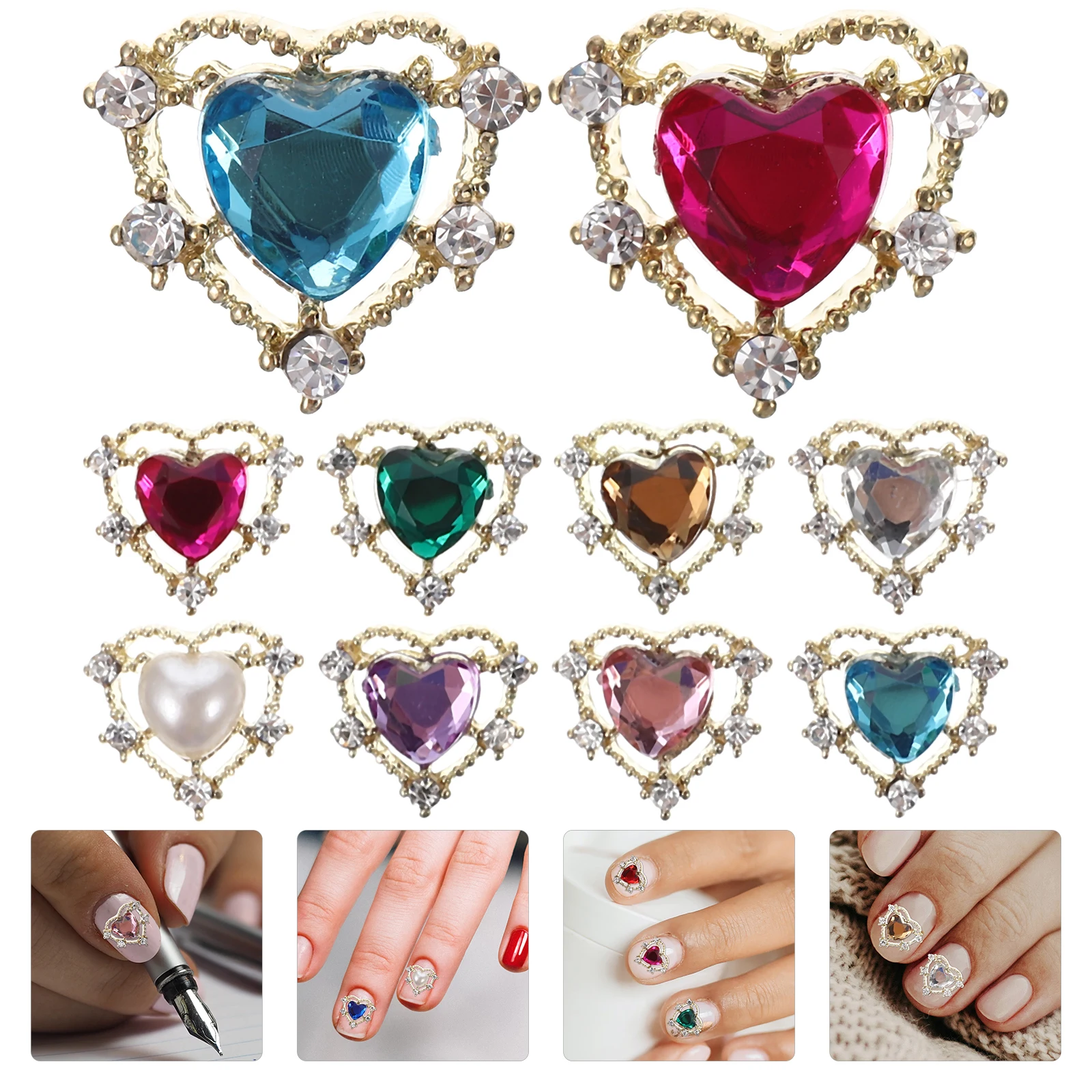 

10 Pcs Rhinestones Colorful Nail Diamonds Heart Applique Mini Charms Tiny Golden Accessories