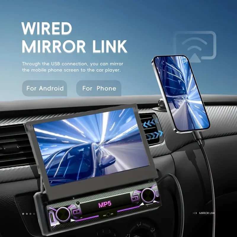 Wireless B Din Car Stereo 7.0 inch Motorized Flip Out Touchscreen with Wired Carplayer & T Hands-Free MP5 Player Support USB/TF