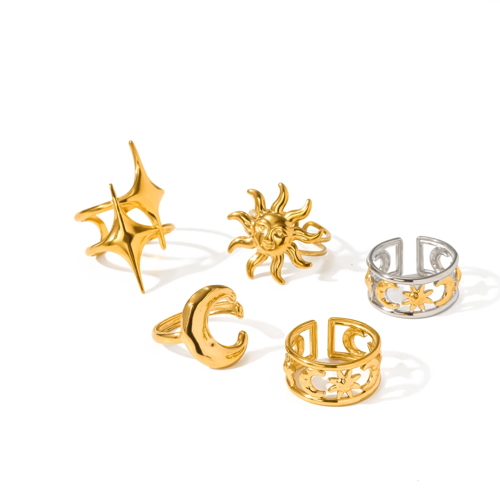 Vintage Stainless Steel Geometry Star Moon Open Ring 18K Gold Plated Waterproof Party Jewelry Gifts