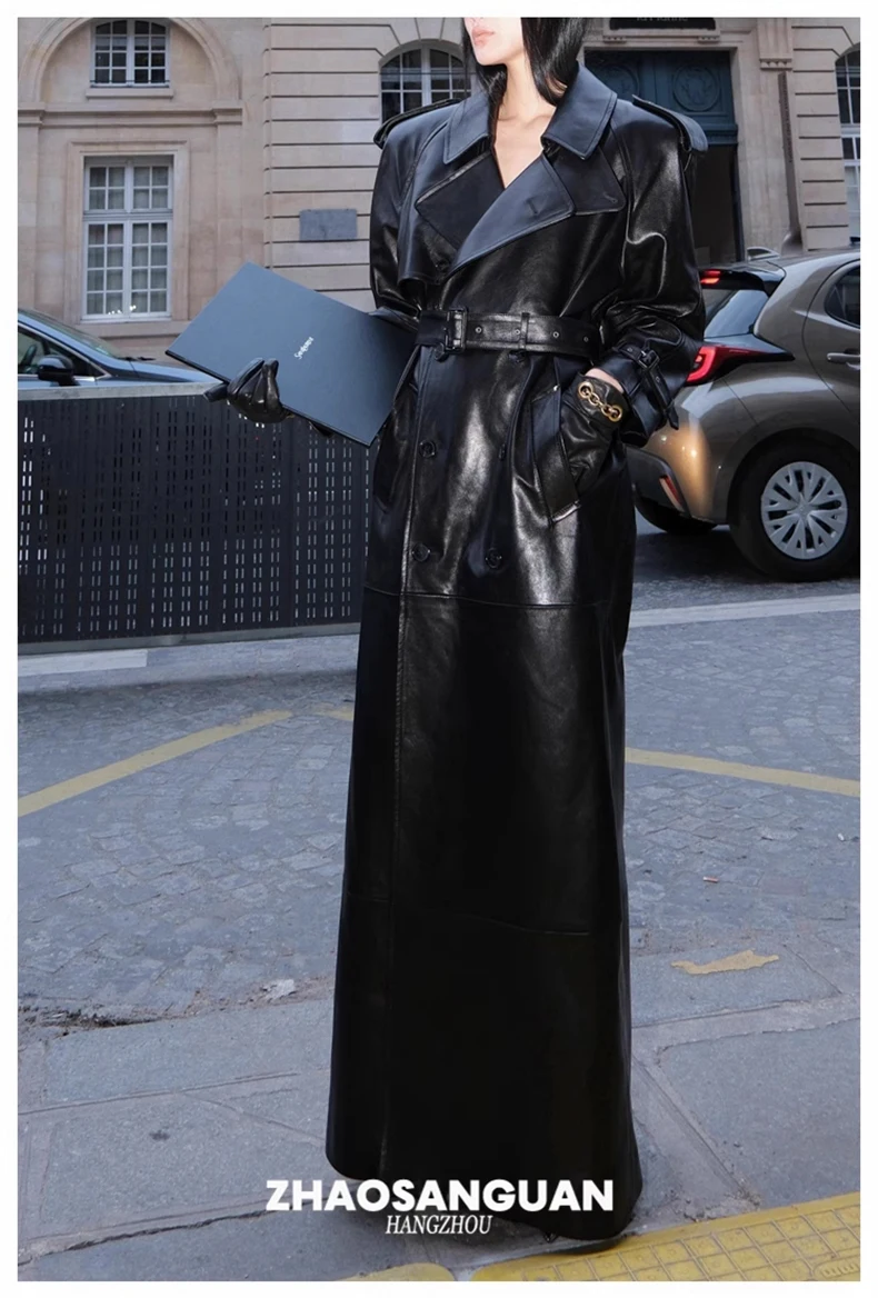 Lautaro Spring Autumn Cool Extra Long Black Loose Pu Leather Trench Coat for Women with Shoulder Pads Belt European Fashion 2024