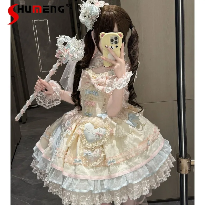 

Chic Blue Pink Ballet Floral Sweet Lolita Dress Gentle Princess Tiered Cake Dresses Kawaii Rojita Costume Birthday Party Wear