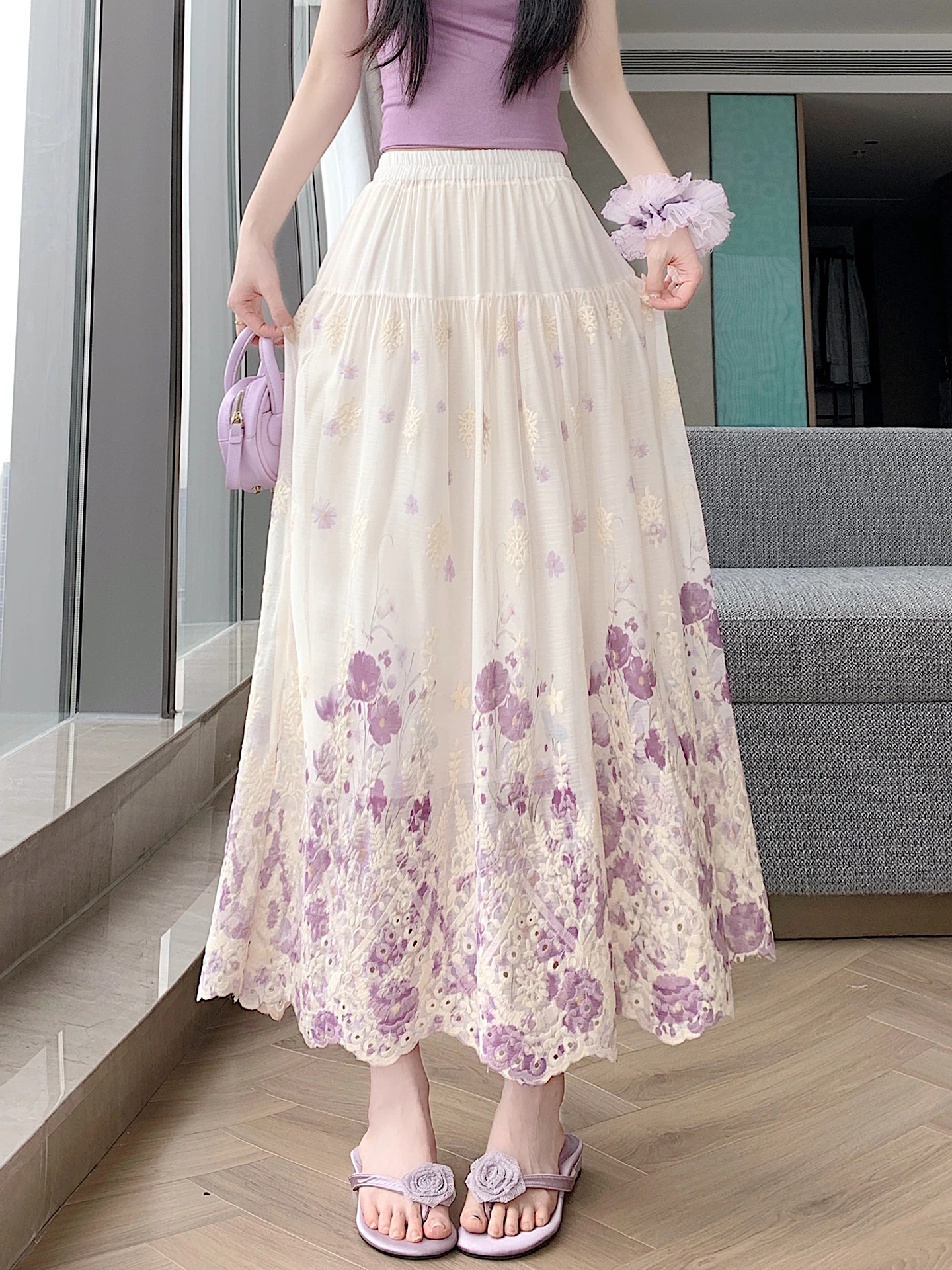 Romantic Floral Embroidery Half Skirt Women's Summer Sweet Heavy Embroidery A-Line Maxi Skirt Korean Style Commute Skirt