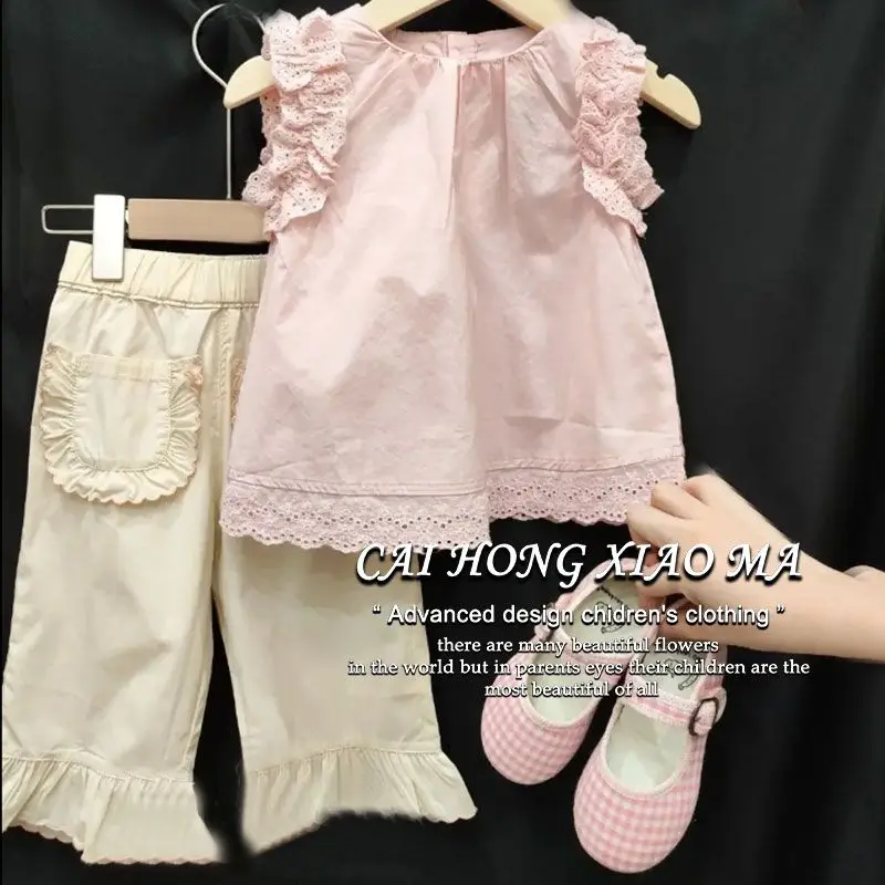 

Summer Children Toddle Baby Sweet Baby Girls 2PC Clothes Sets Sleeveless Pink Lace Tshirt Top + Pants Kids Suit Korea Style