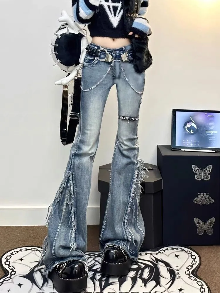 American Retro Breasted Design Slightly Flared Jeans Women Autumn Niche Low Waist Slim Fit Wide-Leg Floor Trousers