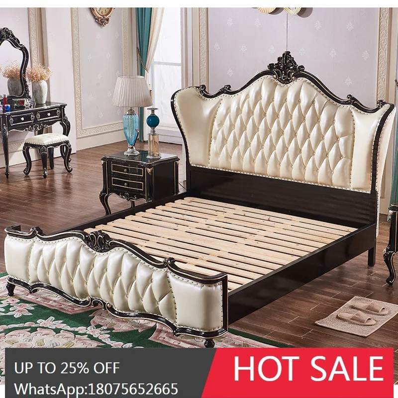 

HLZ European-style Solid Wood double Bed Carved Leather Bed American-style Luxury Master Bedroom Big Bed