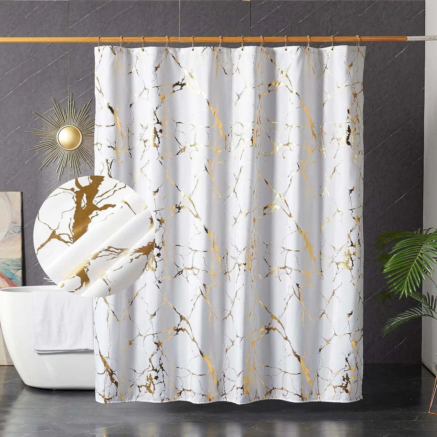 

White and Gold Marble Shower Curtains for Bathroom,Glitter Shower Curtain with Hooks,Unique Foil Gold Printed,Water Proo