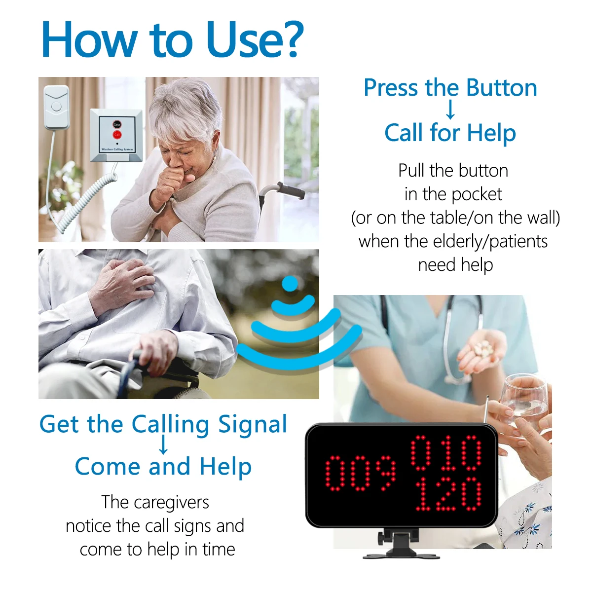 433.92mhz Wireless Patient Emergency Call System 16pcs Pull Handle Button With 1pc Number Receiver for Nursing Home Hospital