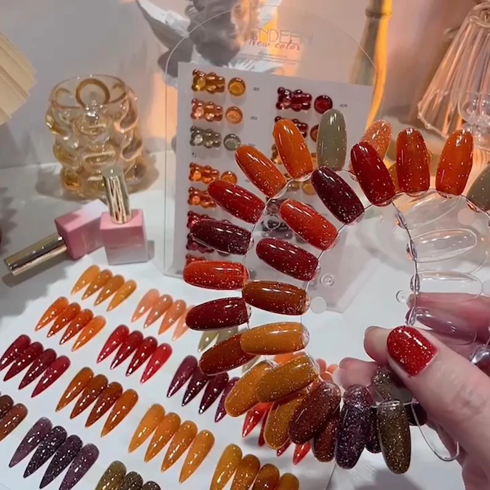 Vendeeni 15 Farben/Set Herbstfarben Glitzer-Brocken-Diamant Gel-Nagellack Orange Glanz UV LED Aushärtbarer Gel-Lack mit Display – Detail 7