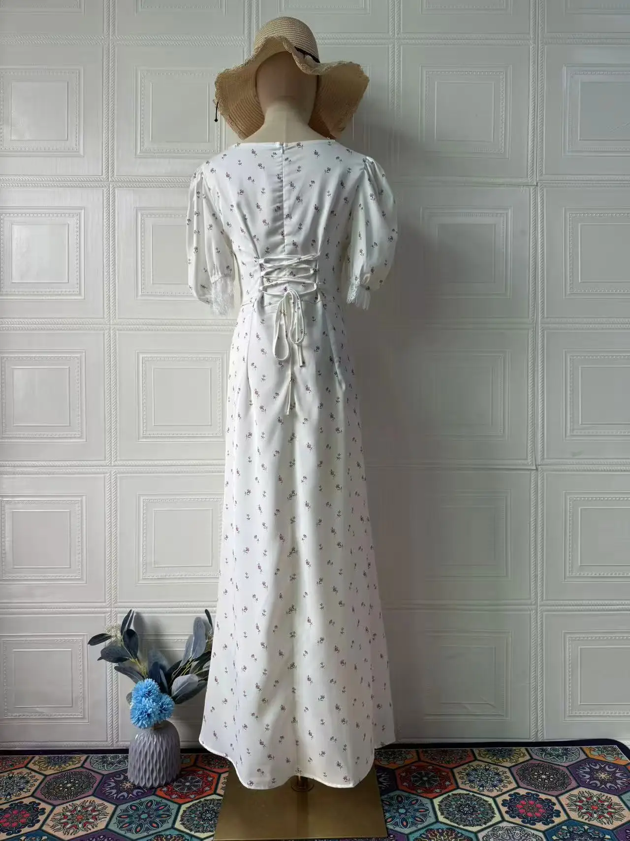 Chic Satin Printing Lace Up Dresses Spring Women Puff Sleeve Square Neck Long Dress Summer High Waist Slim Ankle Length Dress