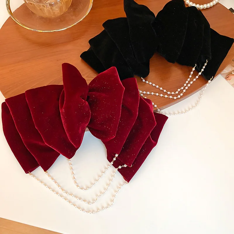 

Velvet Multi-layer Bow Pearl Hair Clip for Women Elegant Temperament Black Hair Claws Light Luxury High Sense Hair Accessories