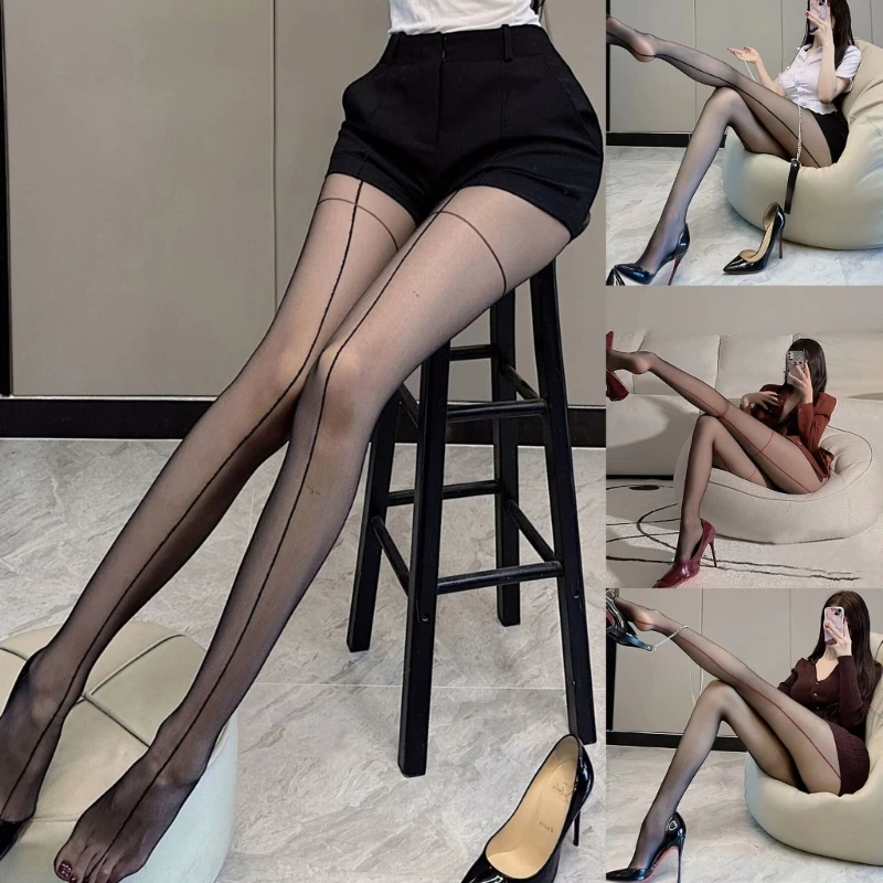 Women Sexy Crosses Striped Patterned Ultrathin Sheer Silk Tights Faux Thigh Rings Seamed See Through Pantyhose Stockings