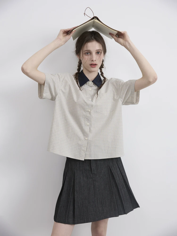 

Willbewell P Brown Plaid Contrast Color Collar Loose Versatile Preppy Sle Women's irt Cotton ort Sve Button up