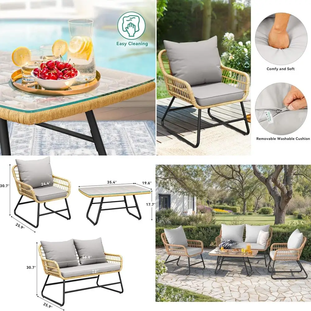 

Серый и бежевый комплект плетеной мебели для улицы с подушками, идеально подходит для сада, двора и террасы