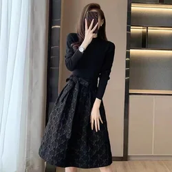 Solid Patchwork High Waist Long Sleeve Dresses Elegant Fashion Harajuku Slim Fit Female Clothes Loose Casual All Match Skirt