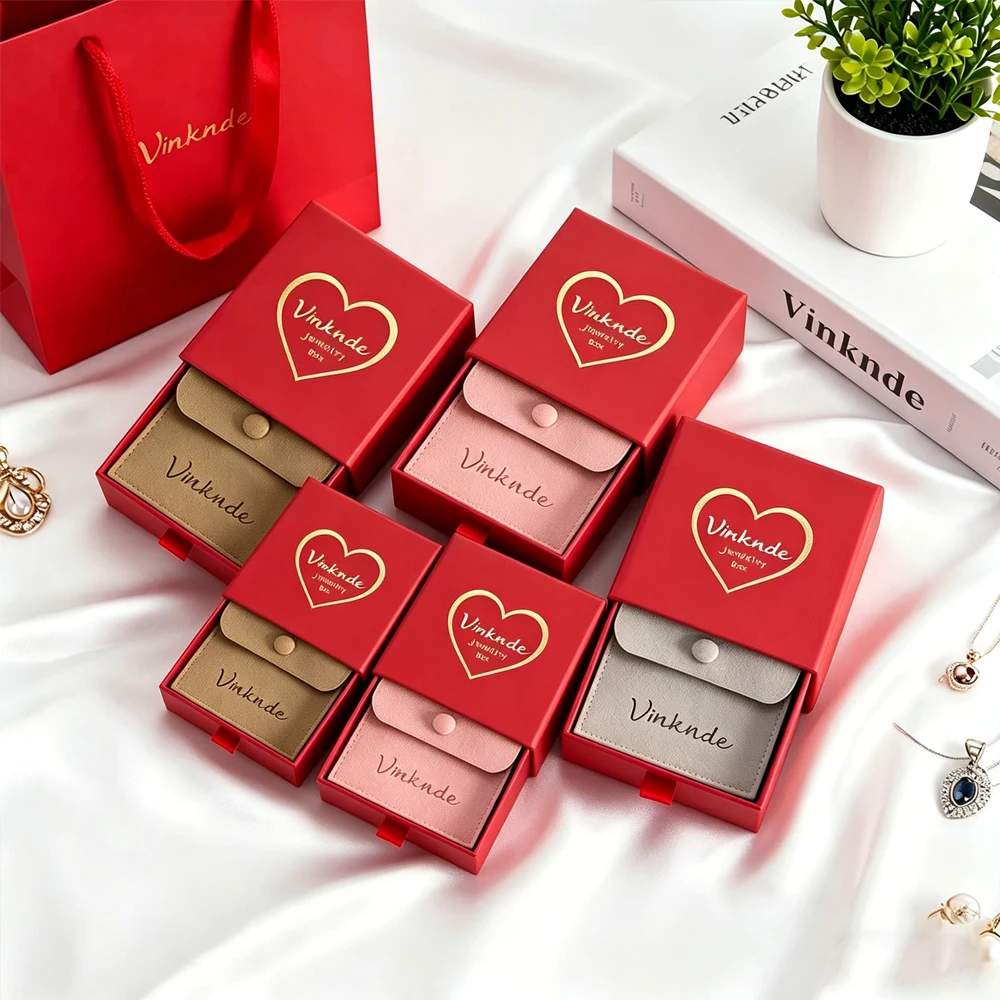 

Paper Jewelry Gift Boxes Custom Logo Cardboard Necklace Earrings Rings Drawer Box Wedding Party Gift Velvet Microfiber Snap Bag