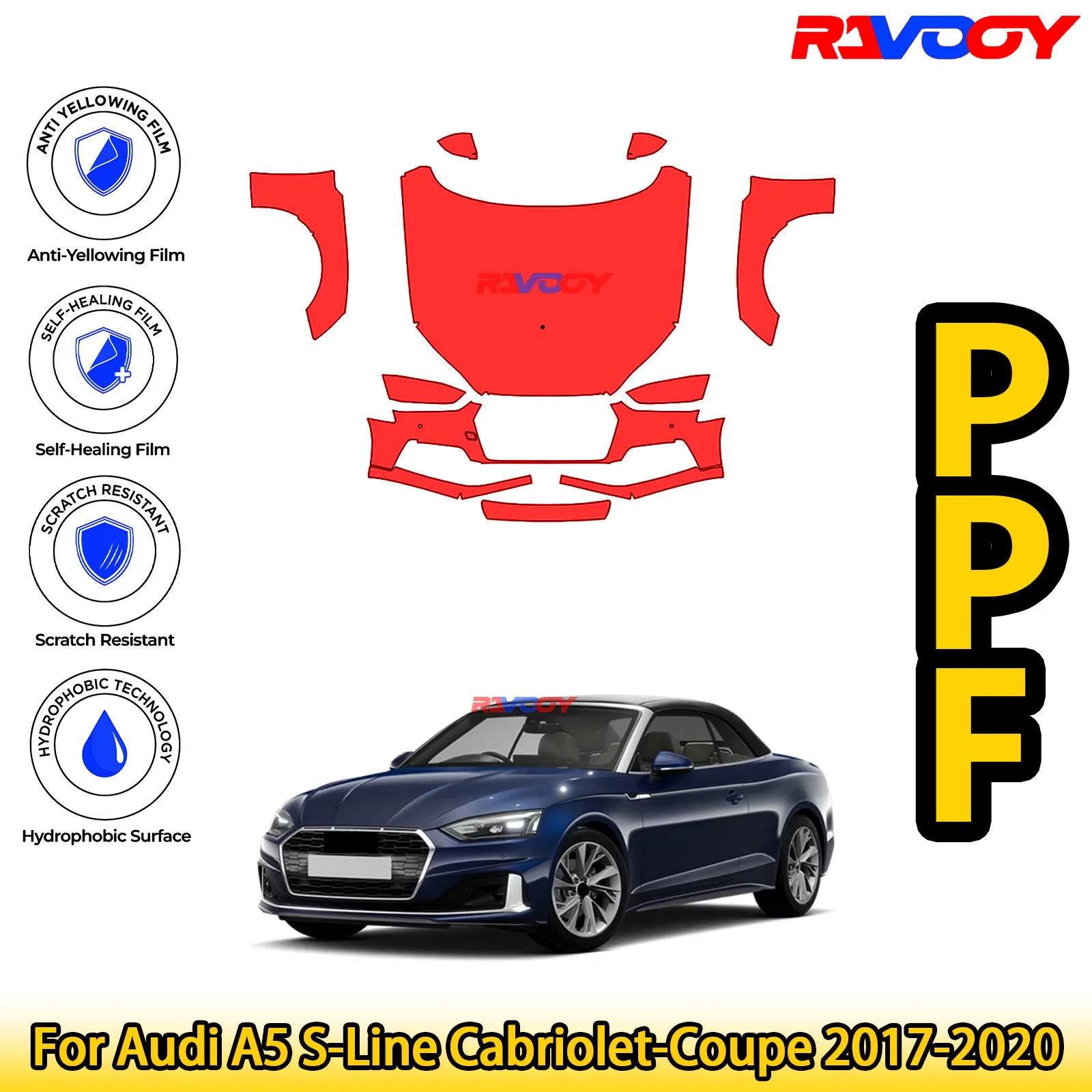 

For Audi A5 S-Line Cabriolet-Coupe 2017-2020 Glossy Matte Black Precut front PPF Kit Paint Protection Film