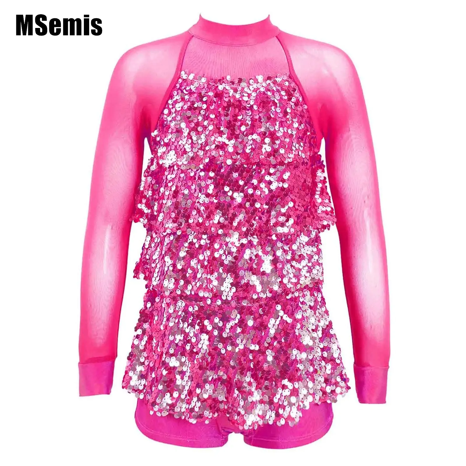 

Kids Girls Sequins Dance Dress Sparkling Backless Mesh Long Sleeve Round Neckline Patchwork Style Stylish Clothing