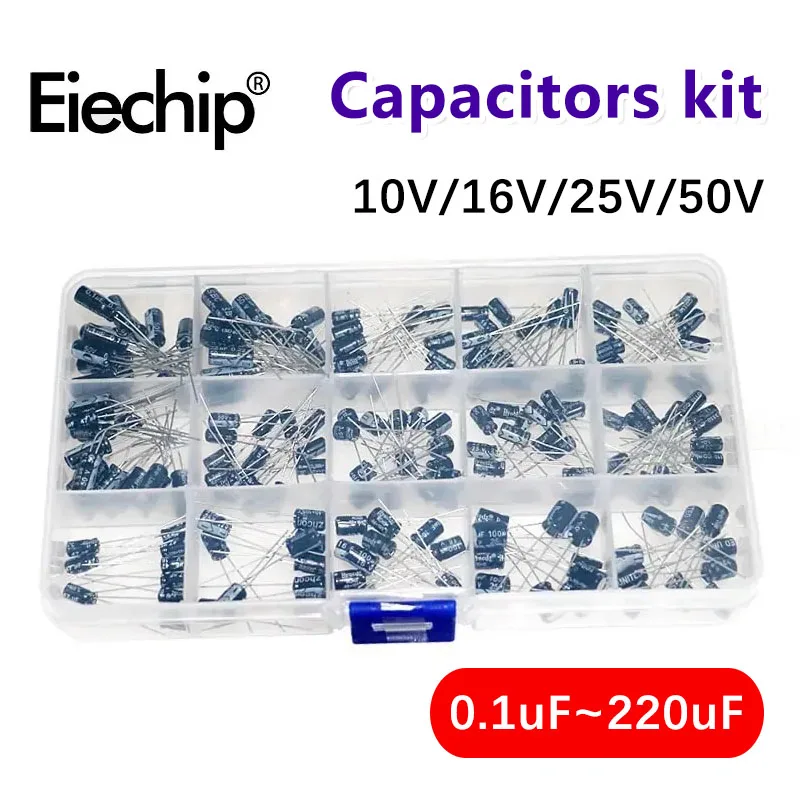 200pcs 15Values Capacitors Set 10V 16V 25V 50V 0.1uF-220uF Electrolytic Capacitor Assortment Kit 0.22uf 2.2uf 100uf