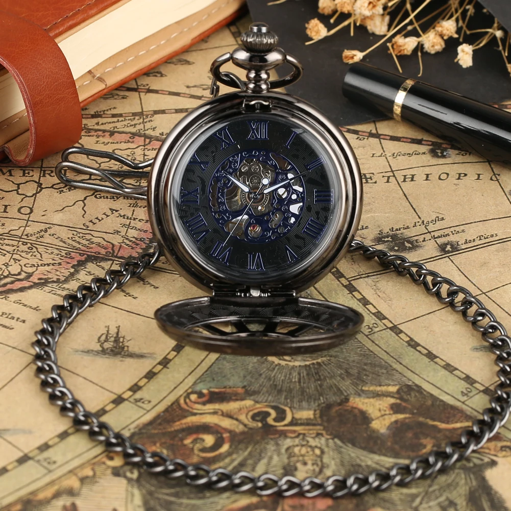 Vintage Steampunk Fob Chain Mechanical Hand Winding Pocket Watch Blue Roman Numerals Display Manual Mechanical Pocket Clock Men