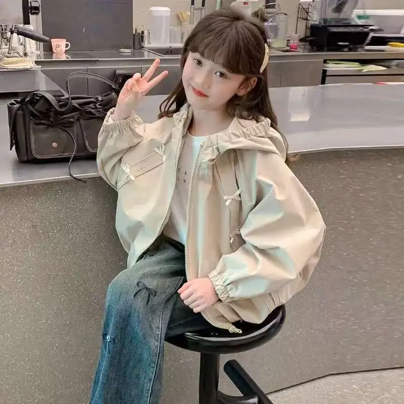 Girls Outerwear Spring and Autumn New Style Western Bow Jacket Hooded Casual Top Versatile Daily Style