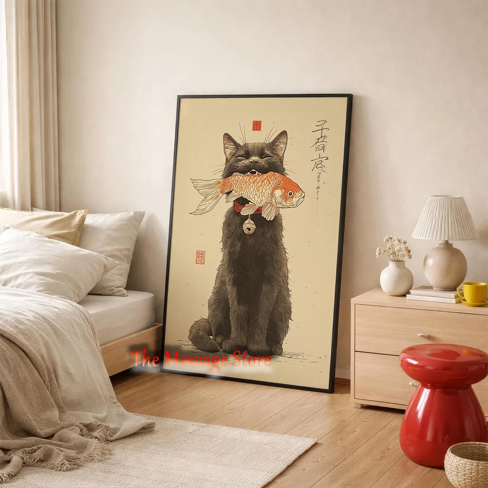 Orange Tabby Black Cat Siamese Cat with Fish Ukiyo-e Japanese Asian Style Wall Art Poster Canvas Painting Wall Pictures Decor