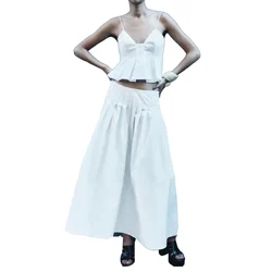 Women's Suspender V-Neck Wide Swing Design High Waist and Pleated Hhem Versatile Half Skirt Set for Commuting Style New