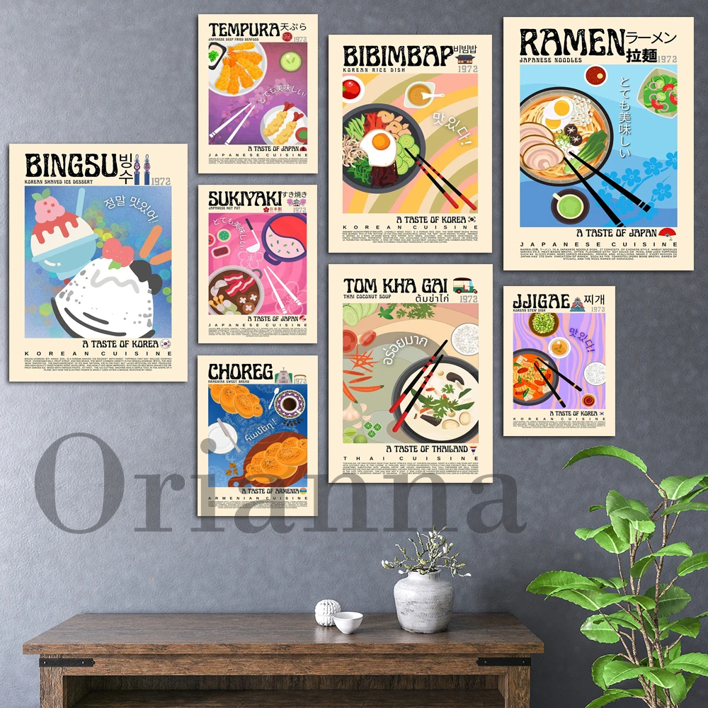 Póster de decoración de cocina moderna, estampado de comida asiática, Jjigae, coreg, Bibimbap, Ramen, Tom Kha Gai, Bingsu, Tempura, Sukiyaki, arte de pared