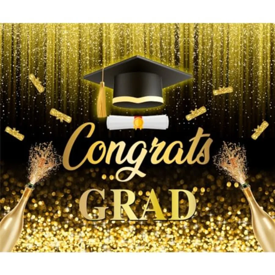 

Фон для фотосессии на выпускной 2026 года, 10x8 футов, с надписью «Поздравляем, выпускник!», черно-золотой баннер для выпускного вечера и празднования