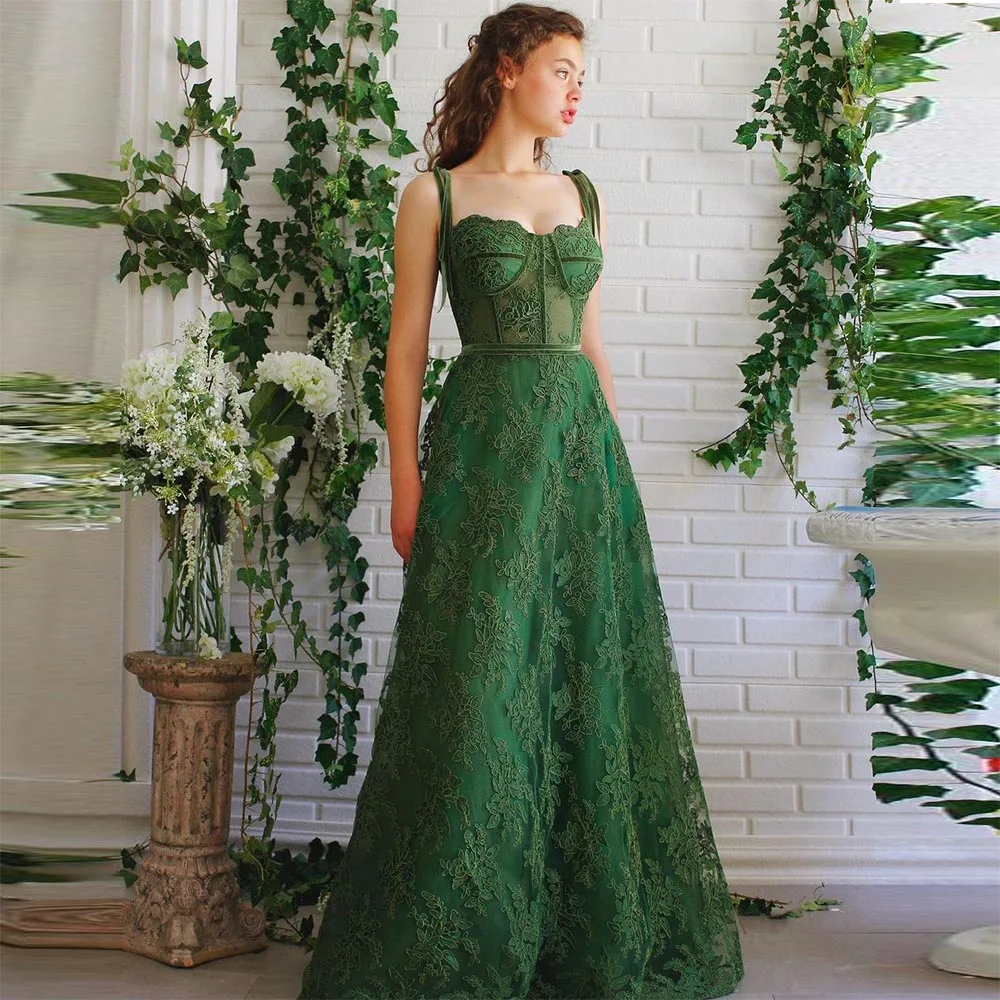 Sevintage Green Tulle abiti lunghi da ballo maniche a sbuffo Appliques di pizzo a-line abiti da sera abito da festa formale con tasche 2022