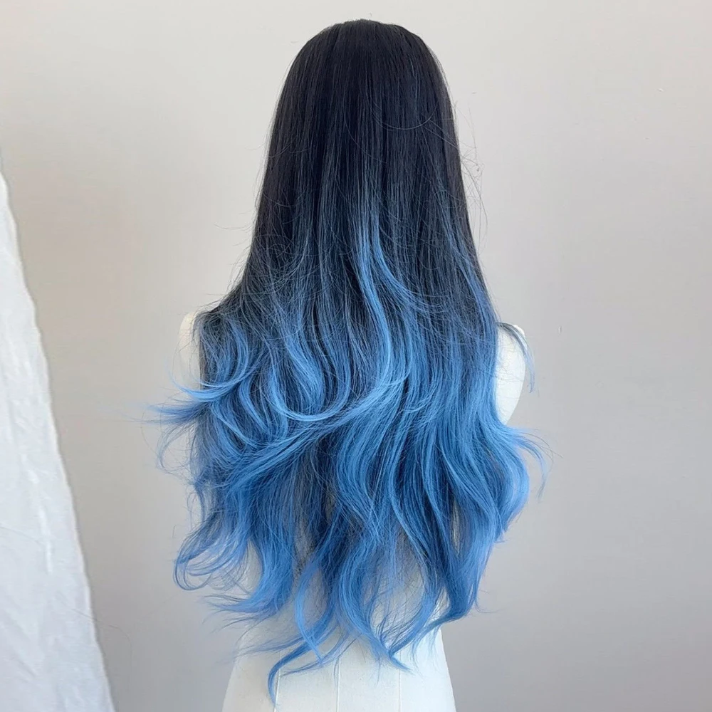 Lolita Cosplay Synthetic Women Wig Black Ombre Blue  Long Wavy Fluffy Heat Resistant Wig for Daily Party