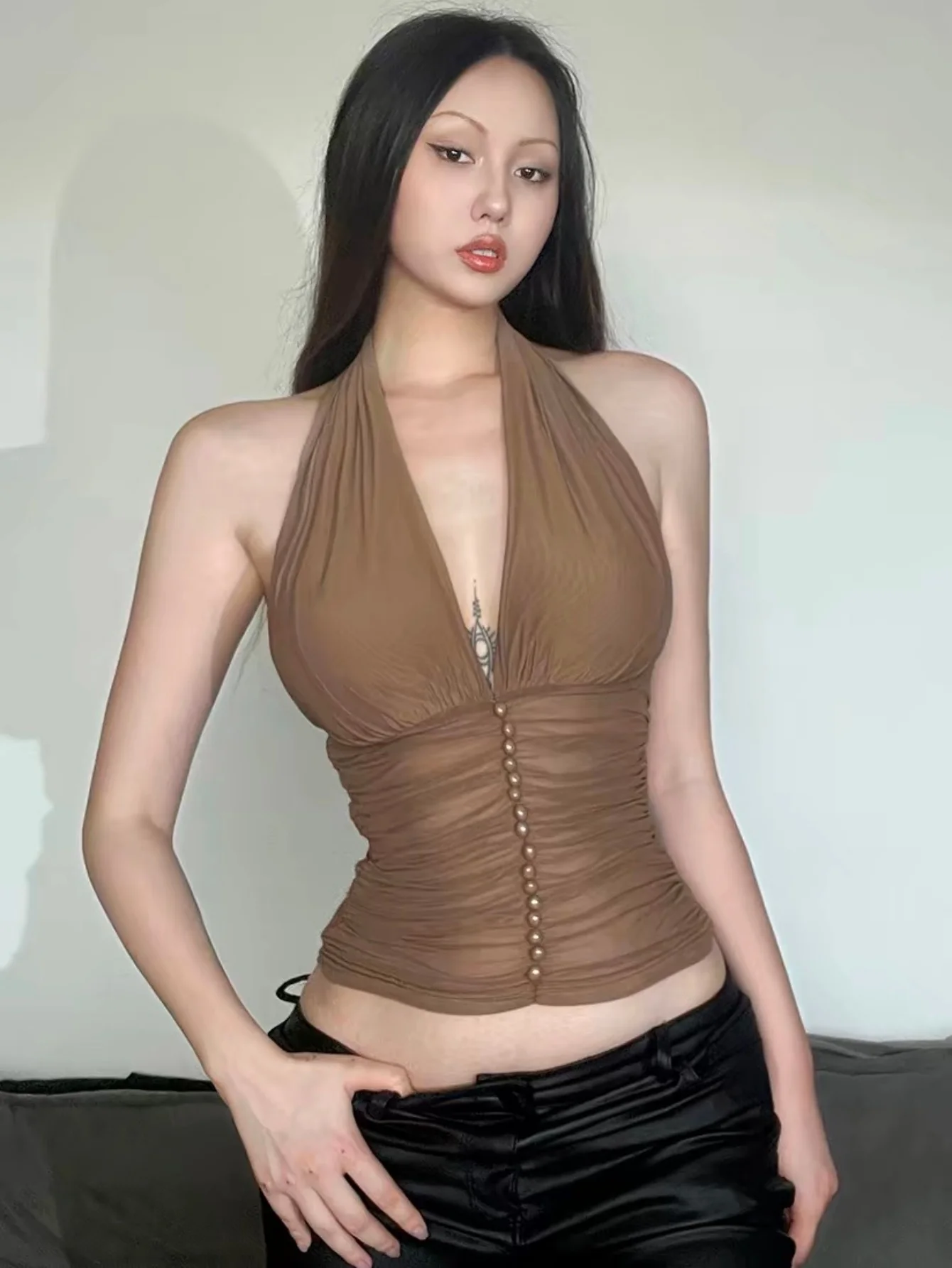 Korean Style Pleated Halter Sleeveless Camisole Deep V Neck Spicy Girl Slim Crop Tops Mesh Summer Suspender Vest Women Gir