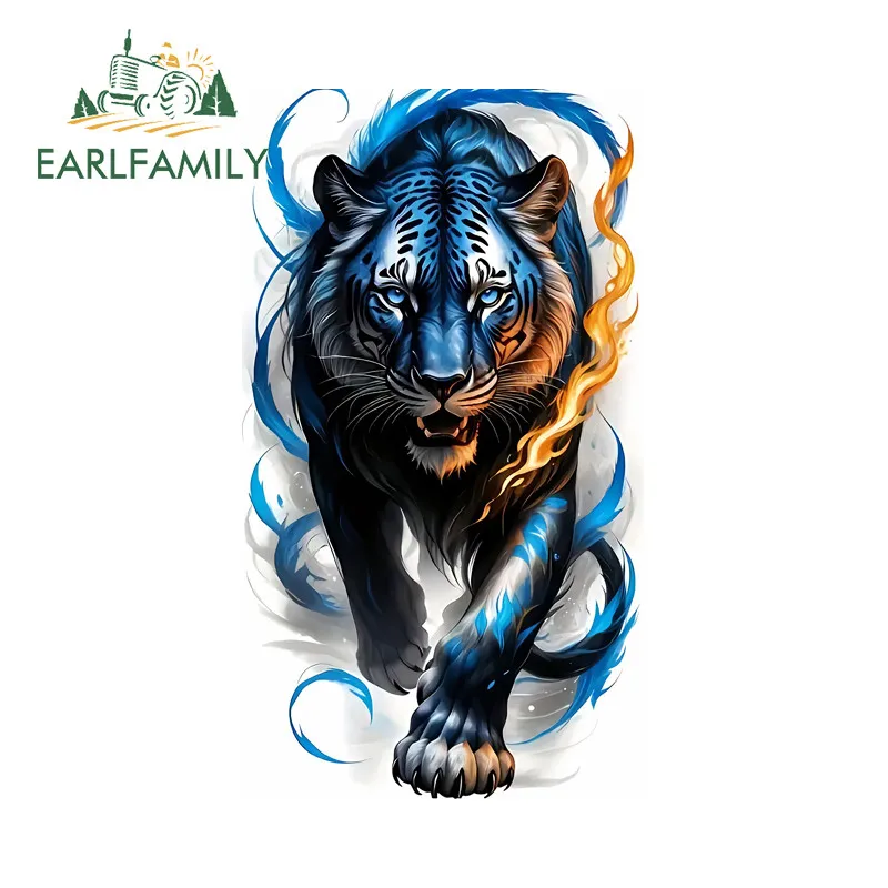 EARLFAMILY Blue Flame Tiger Stickers Interesting Anime Decoration  Occlusion Scratch Waterproof Scratch Proof Windshield Window
