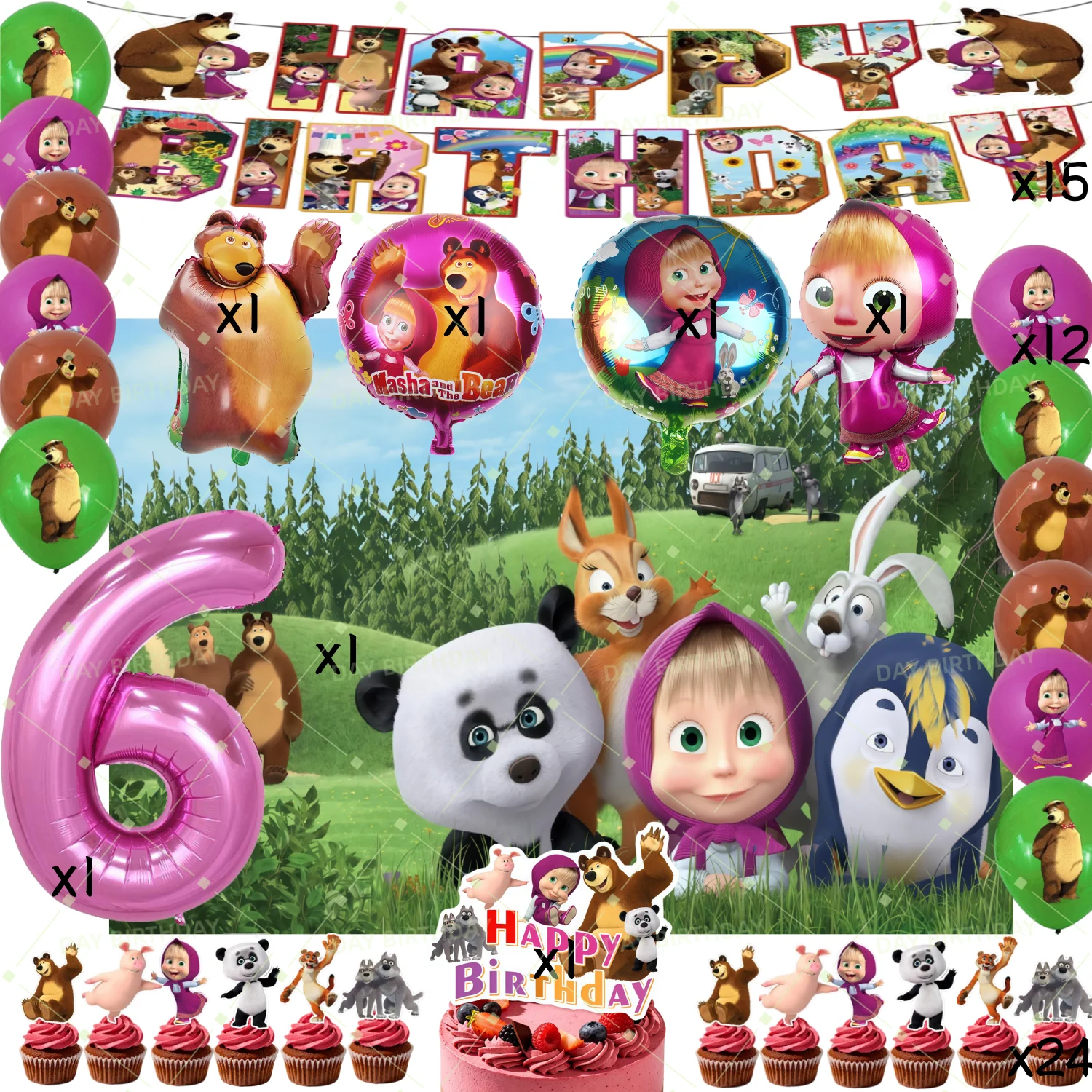 Masha and the Bear Birthday Party Decor Tableware Set Tablecloth Cups Banners 1-9 Number Balloons Set Photo Backdrop Supplies
